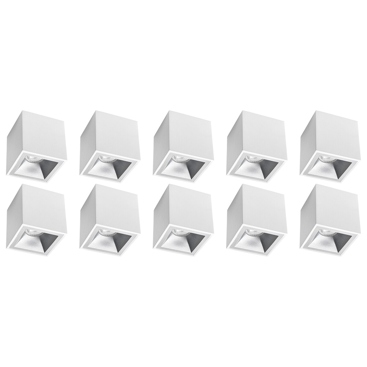 Aufbauspot 10er-Pack - Pragmi Cliron Pro - GU10 Fassung - Aufbau Quadrat - Matt Weiß/Silber - Aluminium - Vertieft - Ø90mm