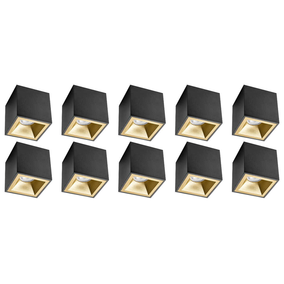 Aufbauspot 10er-Pack - Pragmi Cliron Pro - GU10 Fassung - Aufbau Quadrat - Matt Schwarz/Gold - Aluminium - Vertieft - Ø90mm