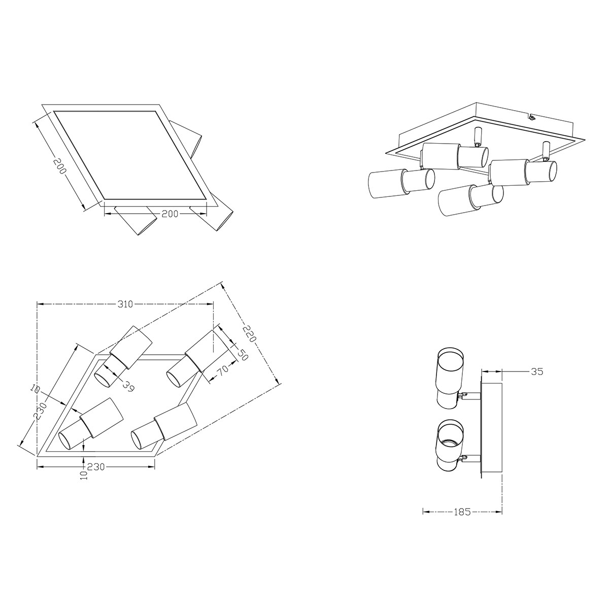 OSRAM - LED Deckenstrahler - Trion Clupo - 16W - Warmweiß 3000K - 4-flammig - Quadratisch - Matt Chrom - Aluminium