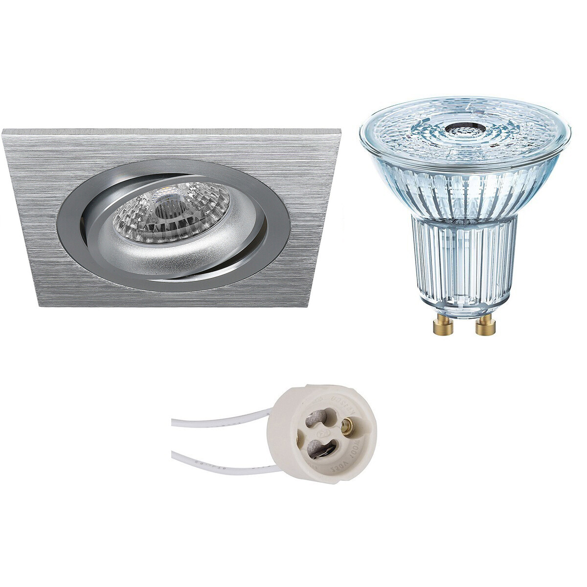 LEDVANCE - LED Spot Set - Parathom PAR16 930 36D - Pragmi Borny Pro - GU10 Sockel - Dimmbar - Einbau Quadratisch - Matt Silber - 3.4W - Warmweiß 3000K - Kippbar - 92mm