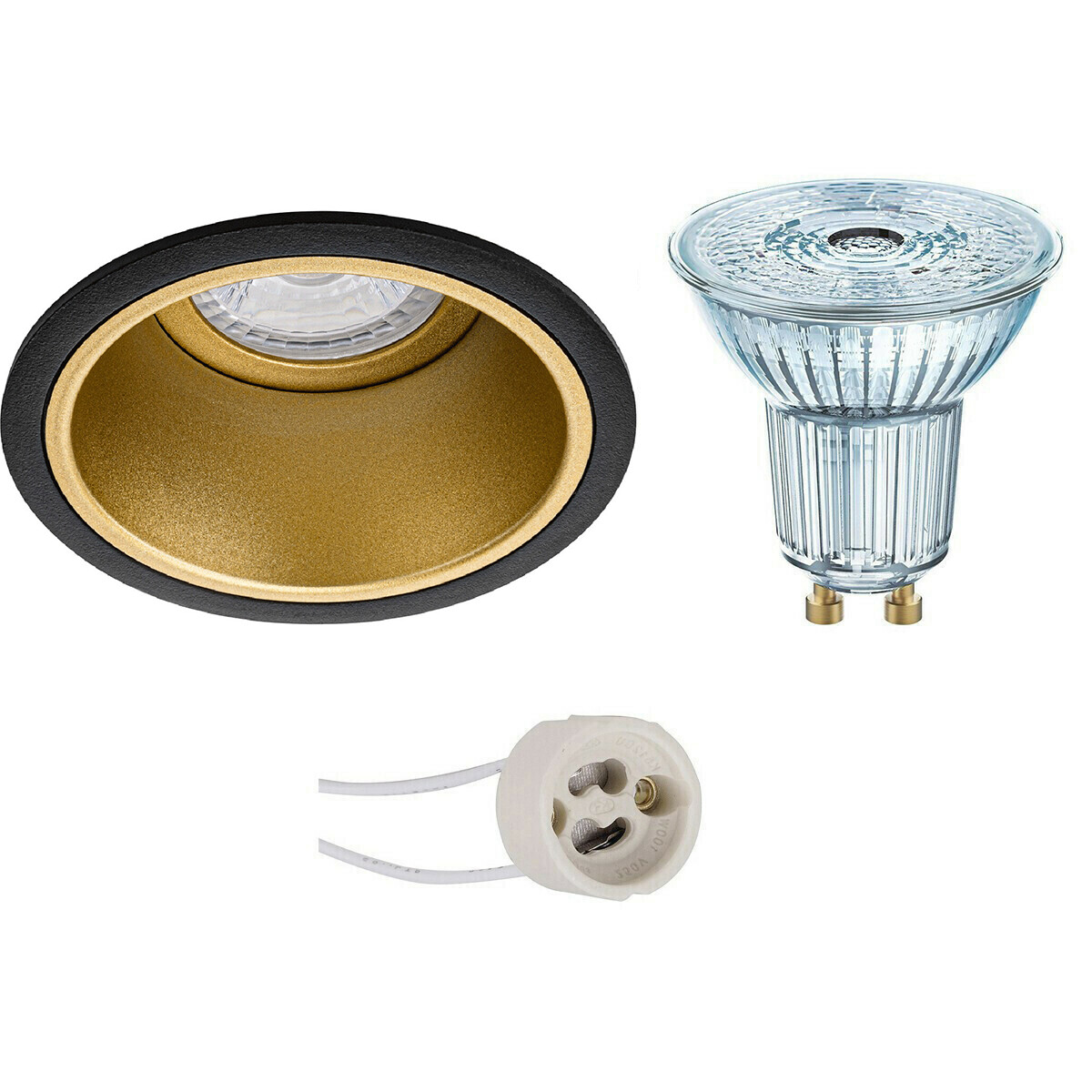 LED Spot Set - LEDVANCE Parathom PAR16 927 36D - Pragmi Minko Pro - GU10 Fassung - Dimmbar - Einbau Rund - Matt Schwarz/Gold - 3.4W - Warmweiß 2700K - Vertieft - Ø90mm