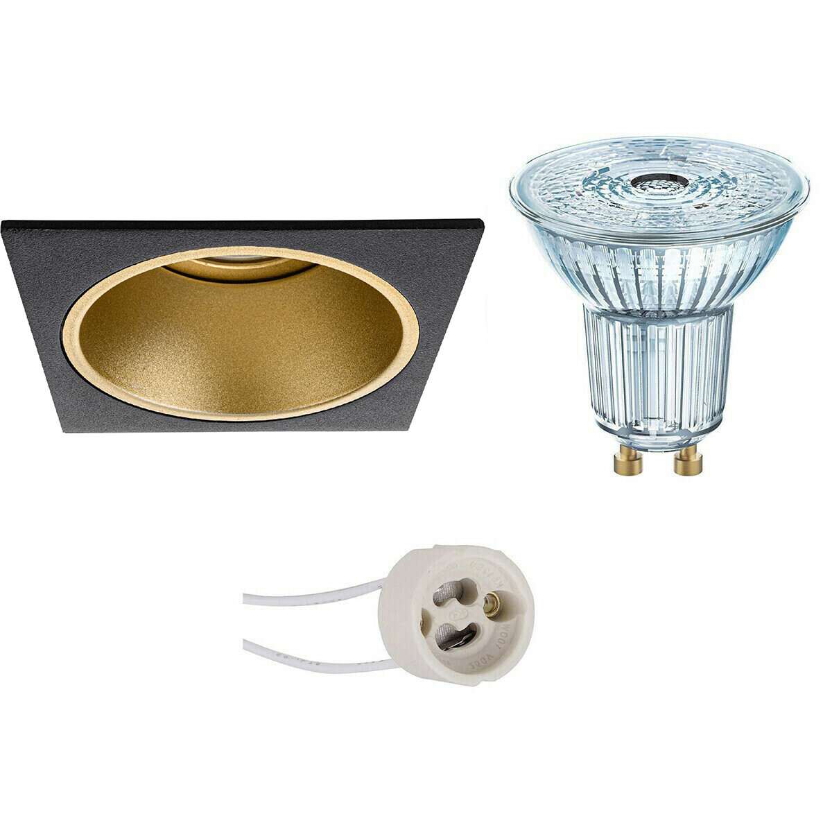 LED Spot Set - LEDVANCE Parathom PAR16 927 36D - Pragmi Minko Pro - GU10 Fassung - Dimmbar - Einbau Quadrat - Matt Schwarz/Gold - 3.4W - Warmweiß 2700K - Vertieft - 90mm