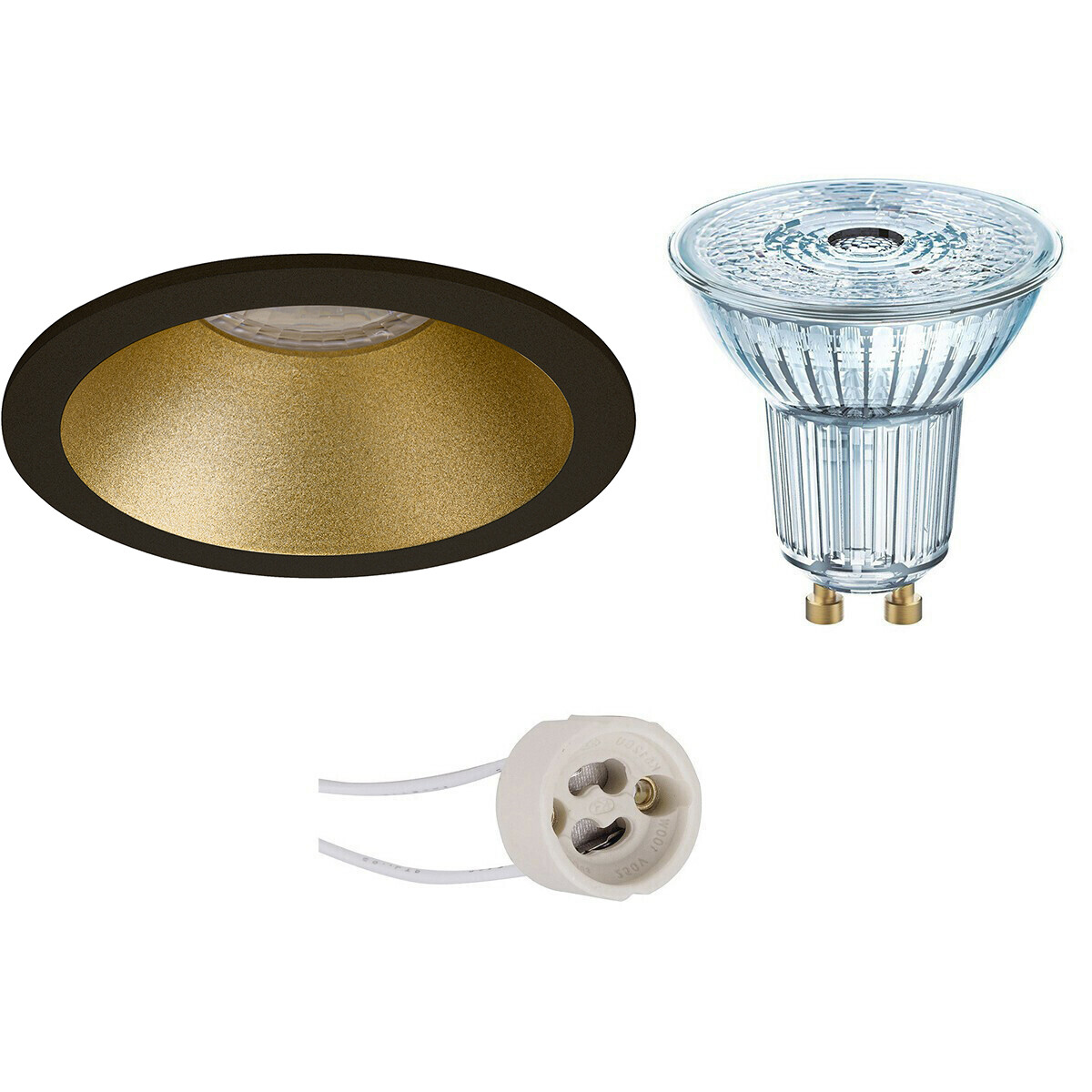 LED Spot Set - LEDVANCE Parathom PAR16 927 36D - Pragmi Pollon Pro - GU10 Fassung - Dimmbar - Einbau Rund - Matt Schwarz/Gold - 3.4W - Warmweiß 2700K - Vertieft - Ø82mm