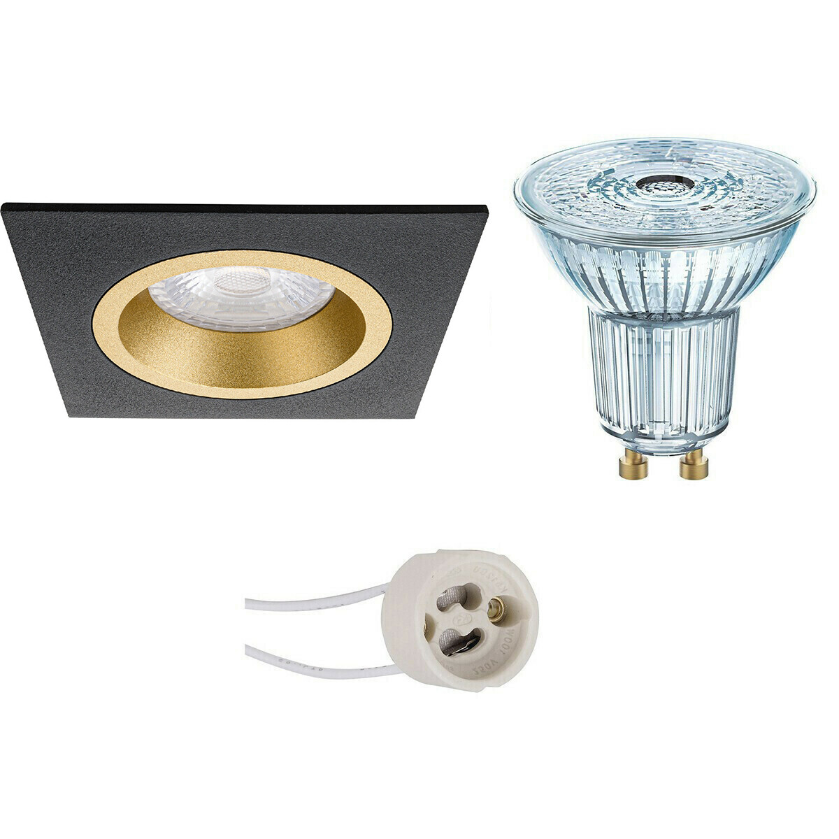 LED Spot Set - LEDVANCE Parathom PAR16 927 36D - Pragmi Rodos Pro - GU10 Fassung - Dimmbar - Einbau Quadrat - Matt Schwarz/Gold - 3.4W - Warmweiß 2700K - 93mm