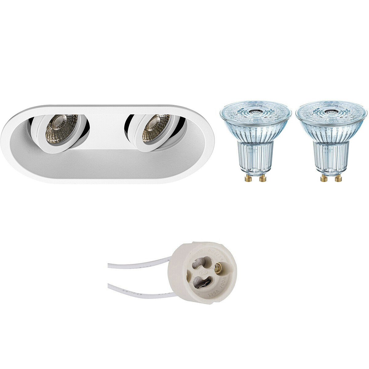 LED Spot Set - LEDVANCE Parathom PAR16 927 36D - Pragmi Zano Pro - GU10 Fassung - Dimmbar - Einbau Oval Doppelt - Matt Weiß - 3.4W - Warmweiß 2700K - Schwenkbar - 185x93mm