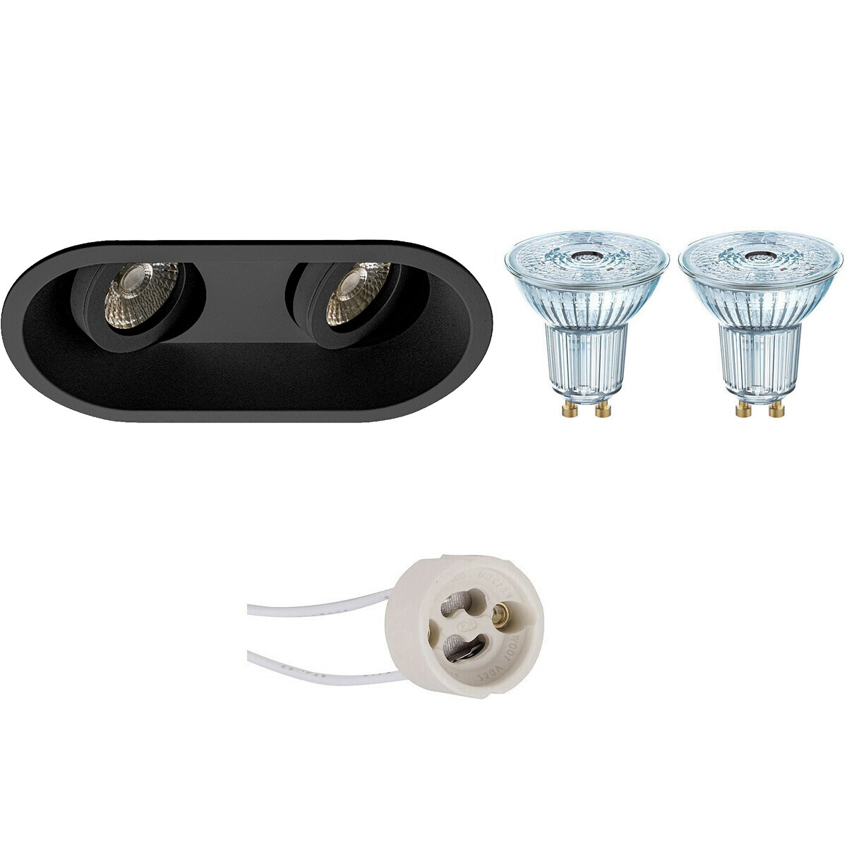 LED Spot Set - LEDVANCE Parathom PAR16 930 36D - Pragmi Zano Pro - GU10 Fassung - Dimmbar - Einbau Oval Doppelt - Matt Schwarz - 3.4W - Warmweiß 3000K - Schwenkbar - 185x93mm