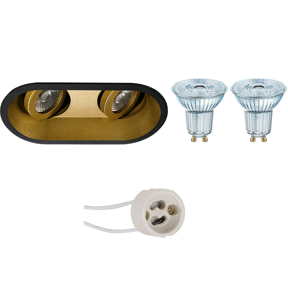 LED Spot Set - LEDVANCE Parathom PAR16 940 36D - Pragmi Zano Pro - GU10 Fassung - Dimmbar - Einbau Oval Doppelt - Matt Schwarz/Gold - 4.5W - Neutralweiß 4000K - Schwenkbar - 185x93mm