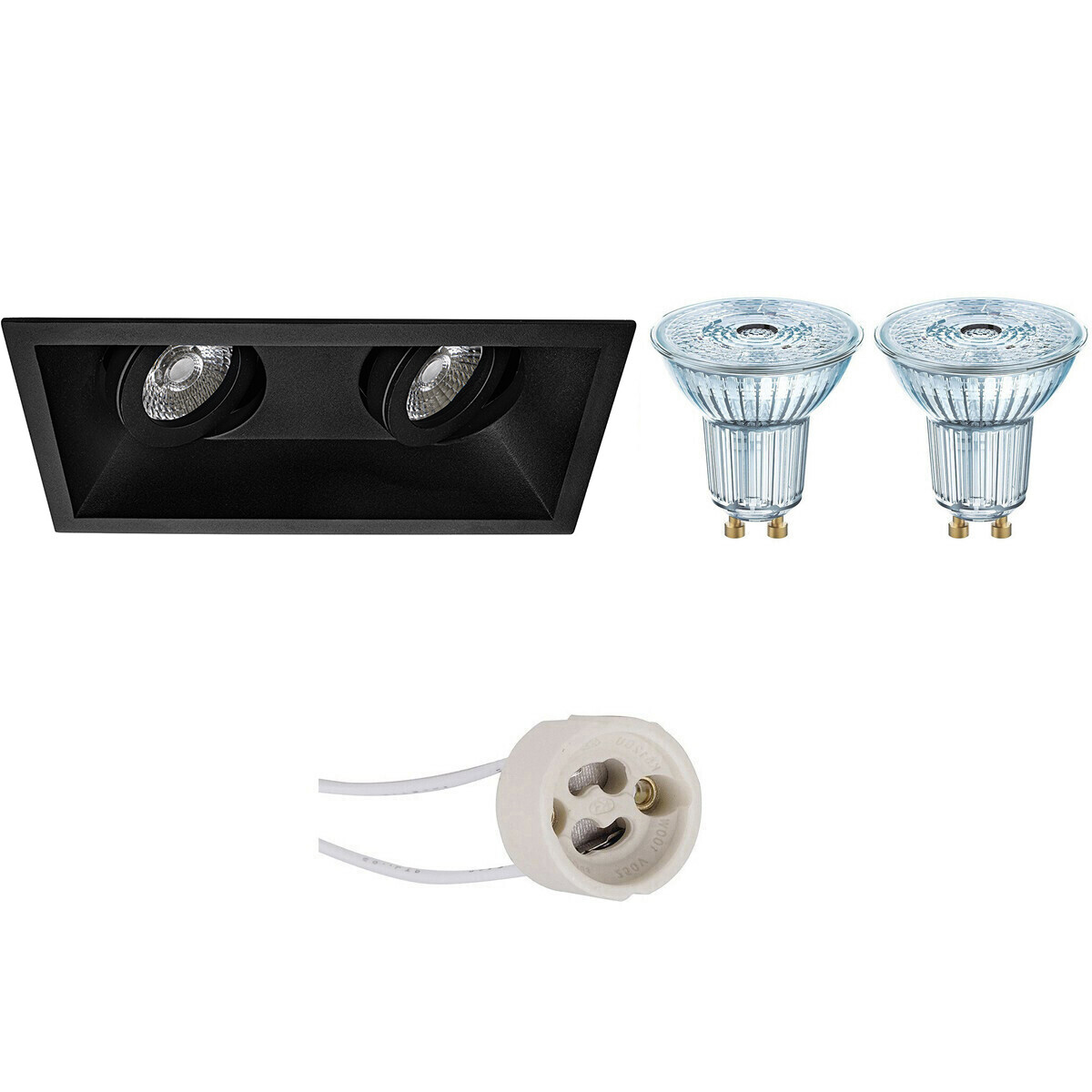 LED Spot Set - LEDVANCE Parathom PAR16 930 36D - Pragmi Zano Pro - GU10 Fassung - Dimmbar - Einbau Rechteck Doppelt - Matt Schwarz - 3.4W - Warmweiß 3000K - Schwenkbar - 185x93mm