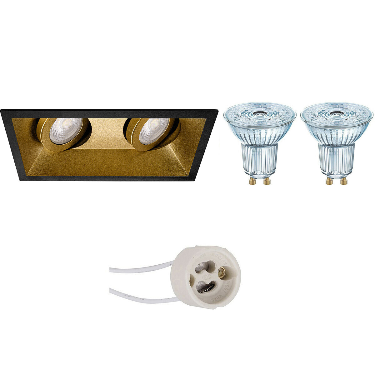 LED Spot Set - LEDVANCE Parathom PAR16 940 36D - Pragmi Zano Pro - GU10 Fassung - Dimmbar - Einbau Rechteck Doppelt - Matt Schwarz/Gold - 4.5W - Neutralweiß 4000K - Schwenkbar - 185x93mm