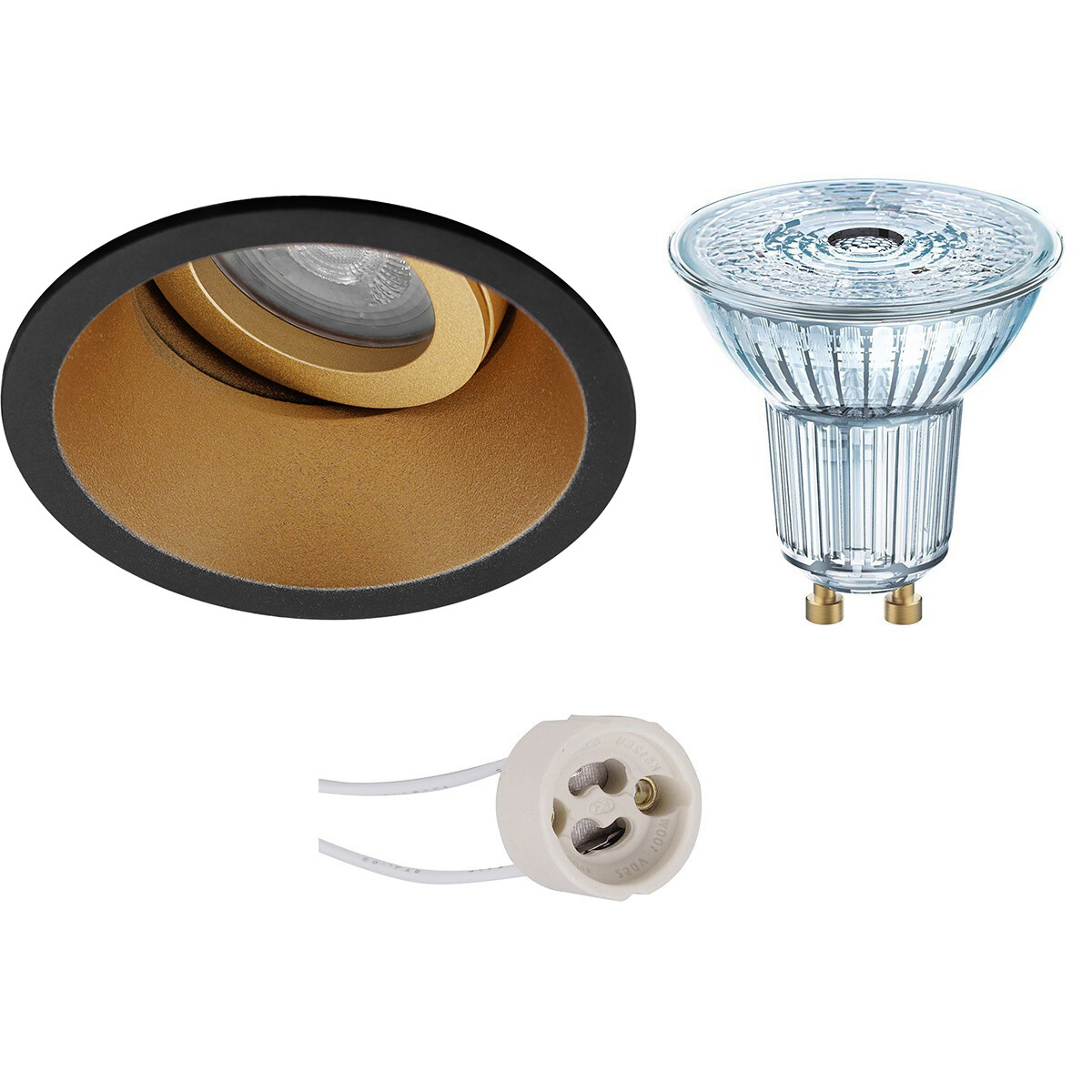 LEDVANCE - LED Spot Set - Parathom PAR16 930 36D - Pragmi Zano Pro - GU10 Sockel - Dimmbar - Einbau Rund - Mattschwarz/Gold - 3.4W - Warmweiß 3000K - Kippbar - Ø93mm