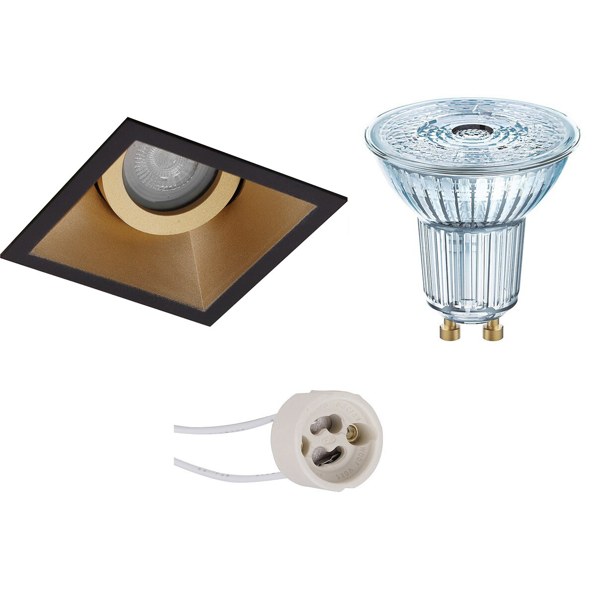 LEDVANCE - LED Spot Set - Parathom PAR16 927 36D - Pragmi Zano Pro - GU10 Sockel - Dimmbar - Einbau Quadratisch - Mattschwarz/Gold - 3.4W - Warmweiß 2700K - Kippbar - 93mm