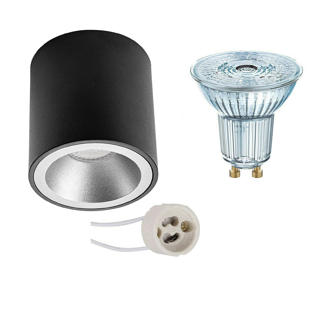 Aufbauspot Set - LEDVANCE Parathom PAR16 927 36D - Pragmi Cliron Pro - GU10 Fassung - Dimmbar - Aufbau Rund - Matt Schwarz/Silber - 4.5W - Warmweiß 2700K - Vertieft - Ø90mm