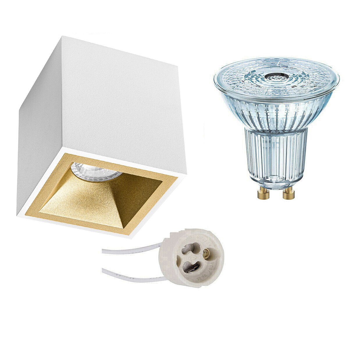 Aufbauspot Set - LEDVANCE Parathom PAR16 927 36D - Pragmi Cliron Pro - GU10 Fassung - Dimmbar - Aufbau Quadrat - Matt Weiß/Gold - 4.5W - Warmweiß 2700K - Vertieft - 90mm