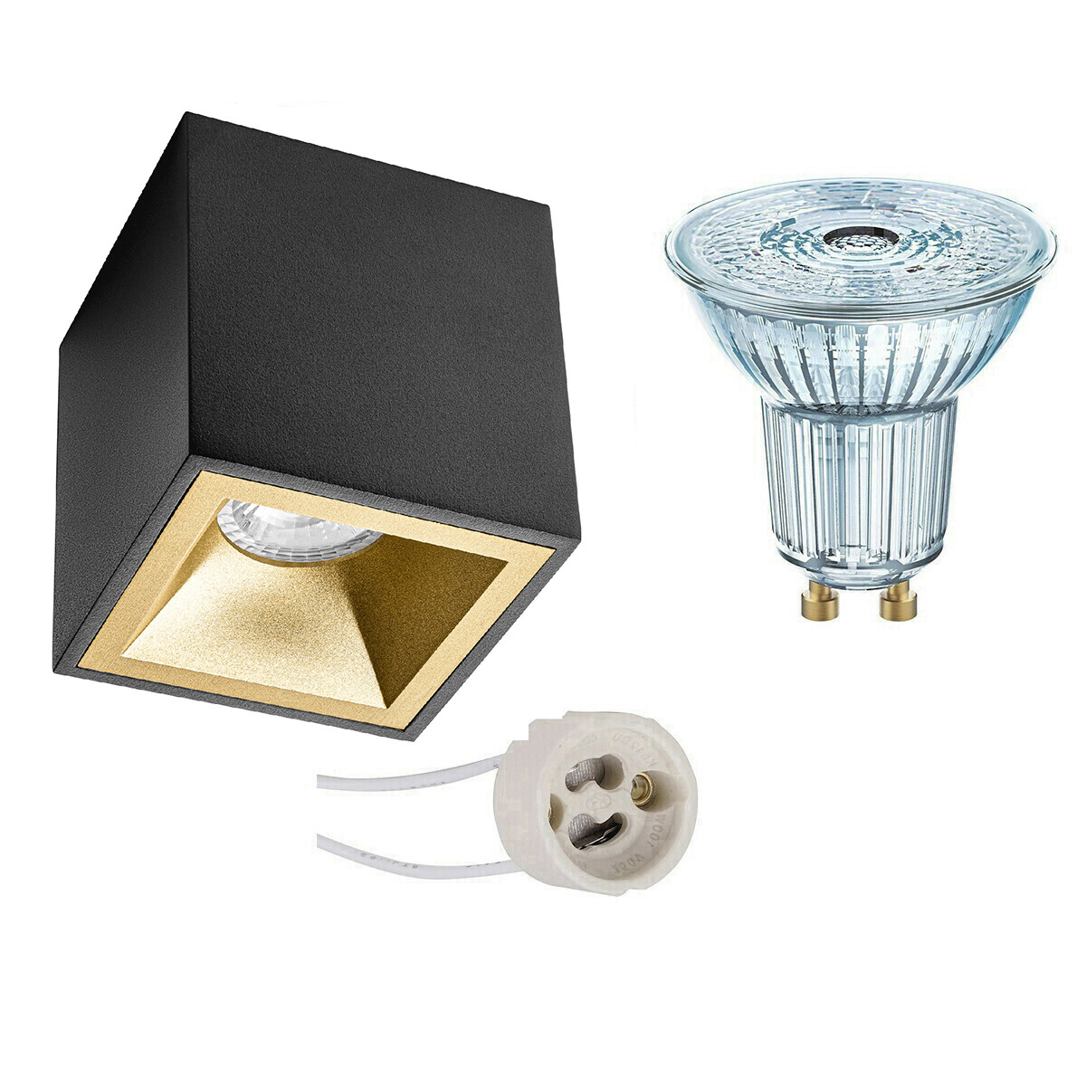 Aufbauspot Set - LEDVANCE Parathom PAR16 930 36D - Pragmi Cliron Pro - GU10 Fassung - Dimmbar - Aufbau Quadrat - Matt Schwarz/Gold - 4.5W - Warmweiß 3000K - Vertieft - 90mm