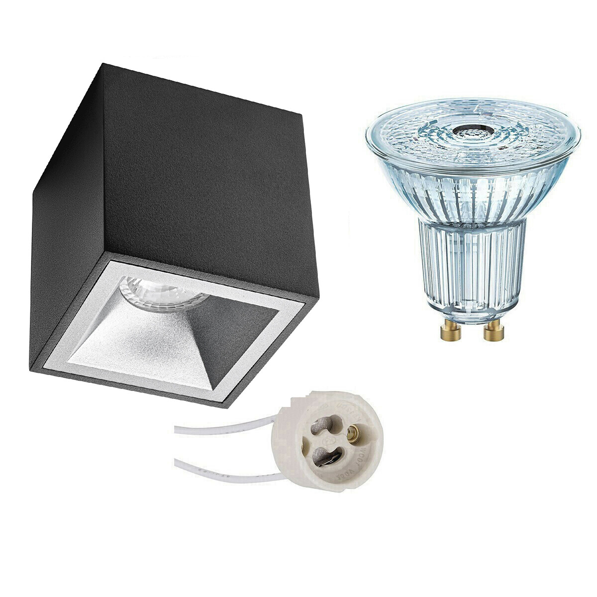 Aufbauspot Set - LEDVANCE Parathom PAR16 927 36D - Pragmi Cliron Pro - GU10 Fassung - Dimmbar - Aufbau Quadrat - Matt Schwarz/Silber - 4.5W - Warmweiß 2700K - Vertieft - 90mm