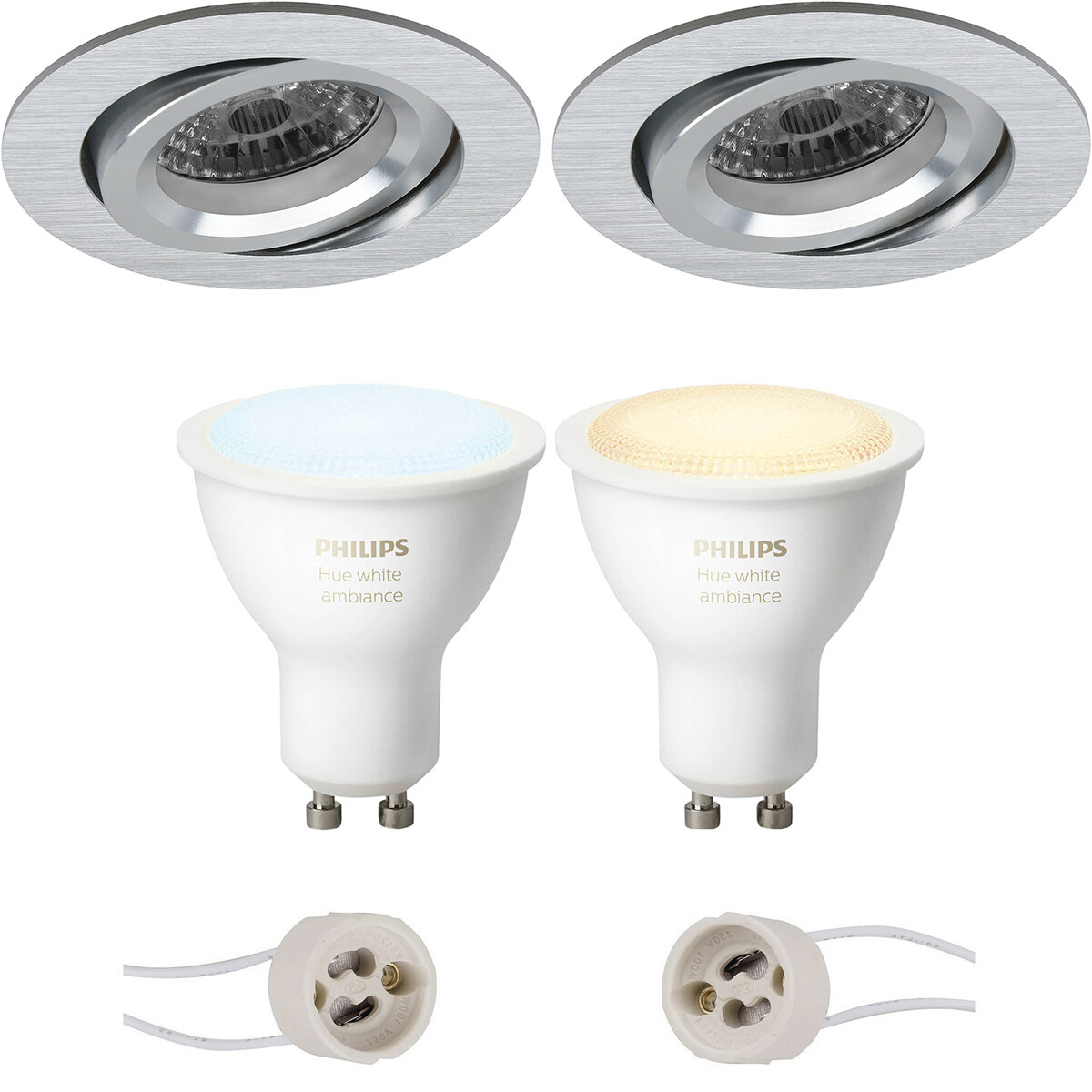 LED Spot Set GU10 - Pragmi Aerony Pro - Einbau Rund - Matt Silber - Schwenkbar - Ø82mm - Philips Hue - White Ambiance - Bluetooth