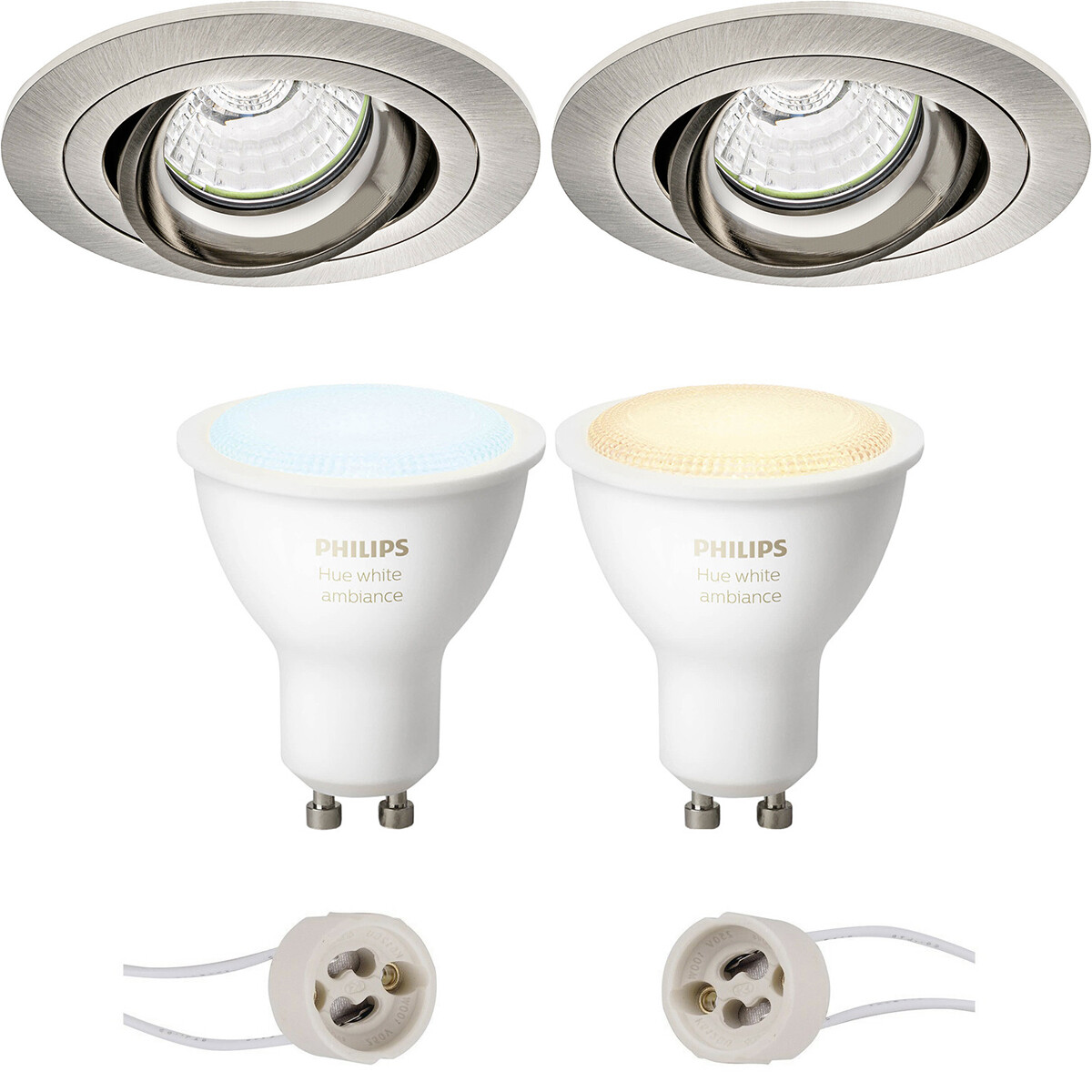 LED Spot Set GU10 - Pragmi Alpin Pro - Einbau Rund - Matt Nickel - Schwenkbar - Ø92mm - Philips Hue - White Ambiance - Bluetooth