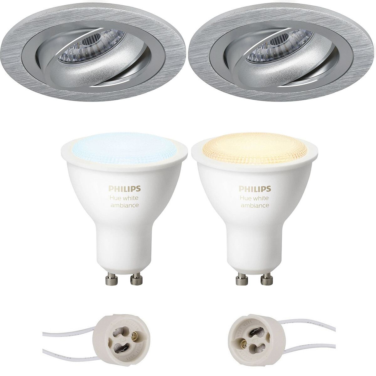 LED Spot Set GU10 - Pragmi Alpin Pro - Einbau Rund - Matt Silber - Schwenkbar Ø92mm - Philips Hue - White Ambiance - Bluetooth