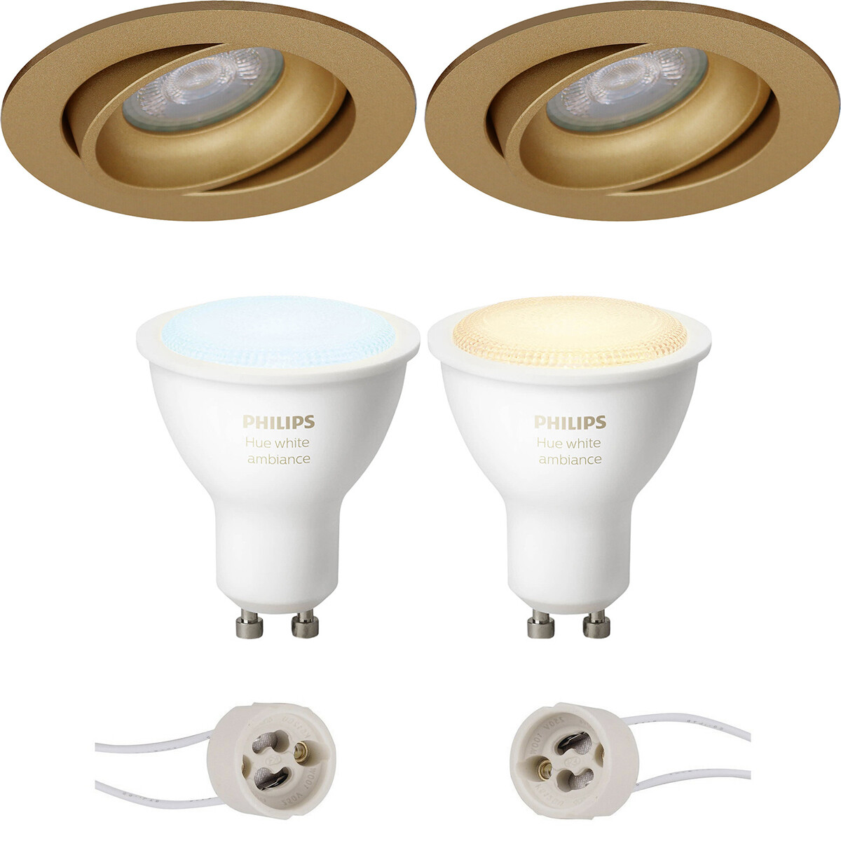 LED Spot Set GU10 - Pragmi Delton Pro - Einbau Rund - Matt Gold - Schwenkbar - Ø82mm - Philips Hue - White Ambiance - Bluetooth