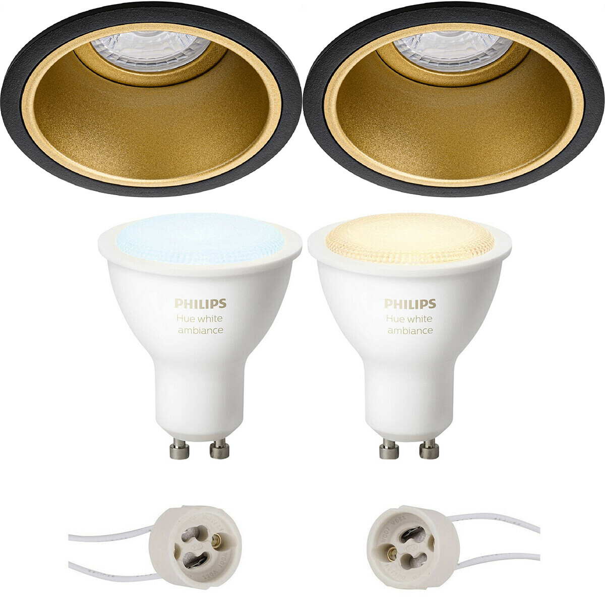 LED Spot Set GU10 - Pragmi Minko Pro - Einbau Rund - Matt Schwarz/Gold - Vertieft - Ø90mm - Philips Hue - White Ambiance - Bluetooth