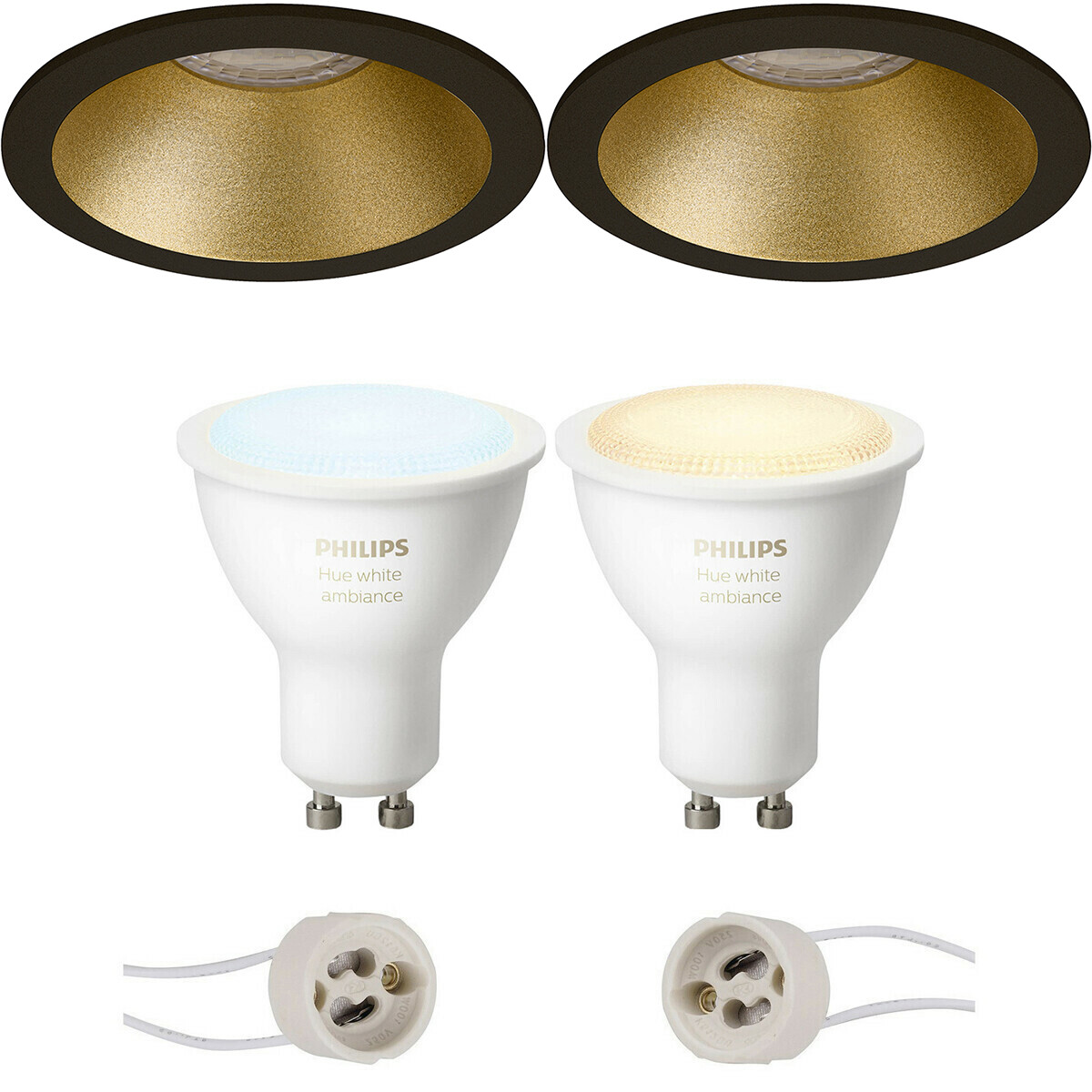 LED Spot Set GU10 - Pragmi Pollon Pro - Einbau Rund - Matt Schwarz/Gold - Vertieft - Ø82mm - Philips Hue - White Ambiance - Bluetooth