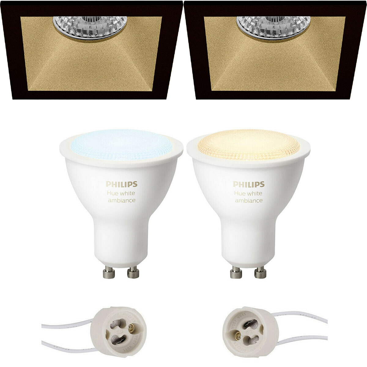 LED Spot Set GU10 - Pragmi Pollon Pro - Einbau Quadrat - Matt Schwarz/Gold - Vertieft - 82mm - Philips Hue - White Ambiance - Bluetooth