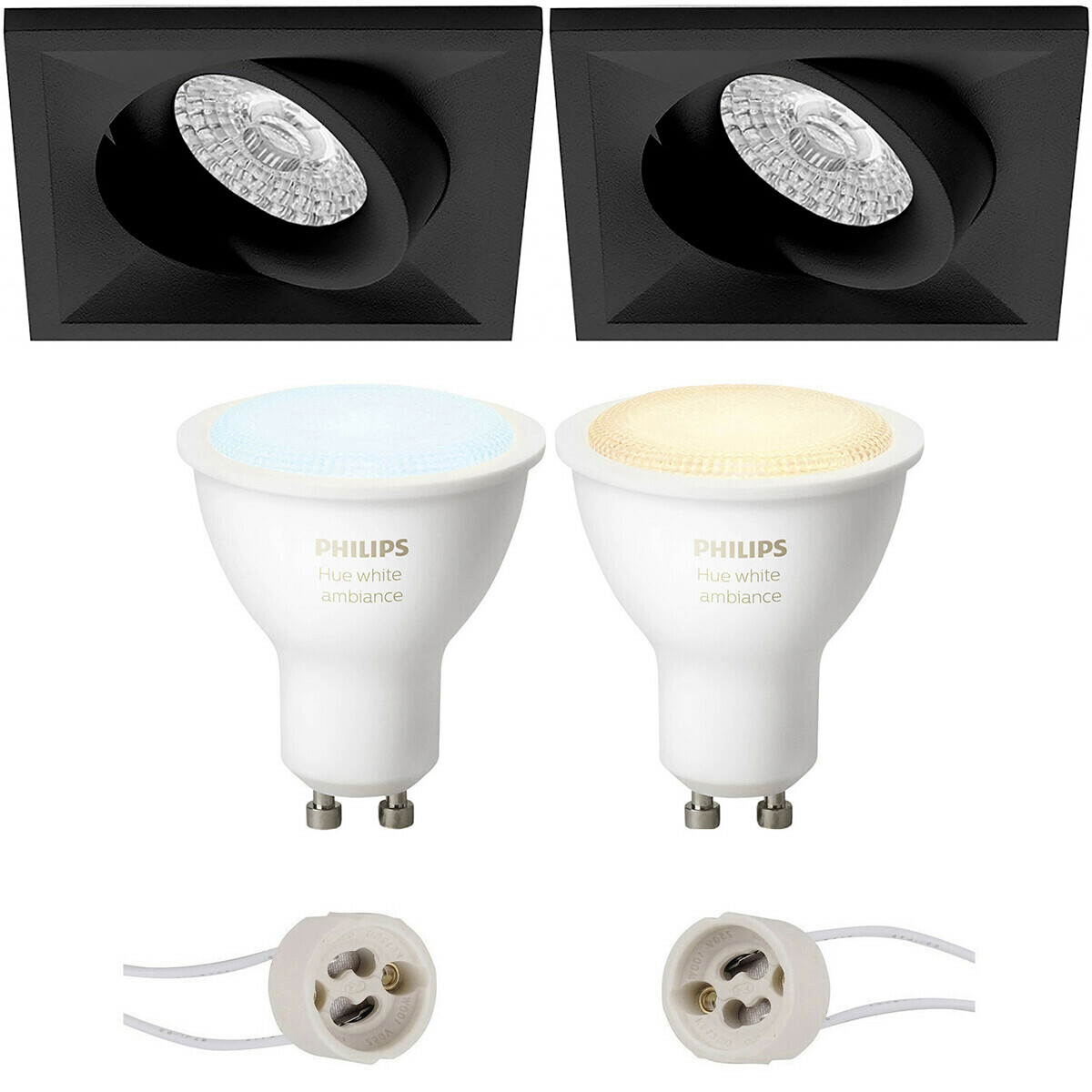 LED Spot Set GU10 - Pragmi Qiundo Pro - Einbau Quadrat - Matt Schwarz - Schwenkbar - 80mm - Philips Hue - White Ambiance - Bluetooth