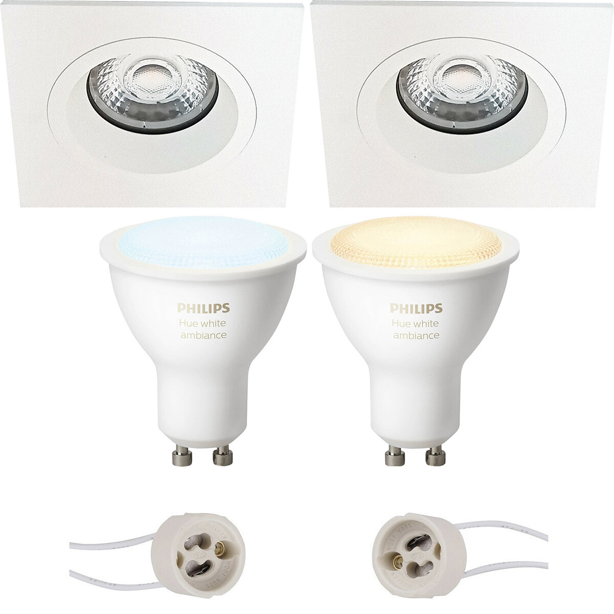 LED Spot Set GU10 - Pragmi Rodos Pro - Einbau Quadrat - Matt Weiß - 93mm - Philips Hue - White Ambiance - Bluetooth