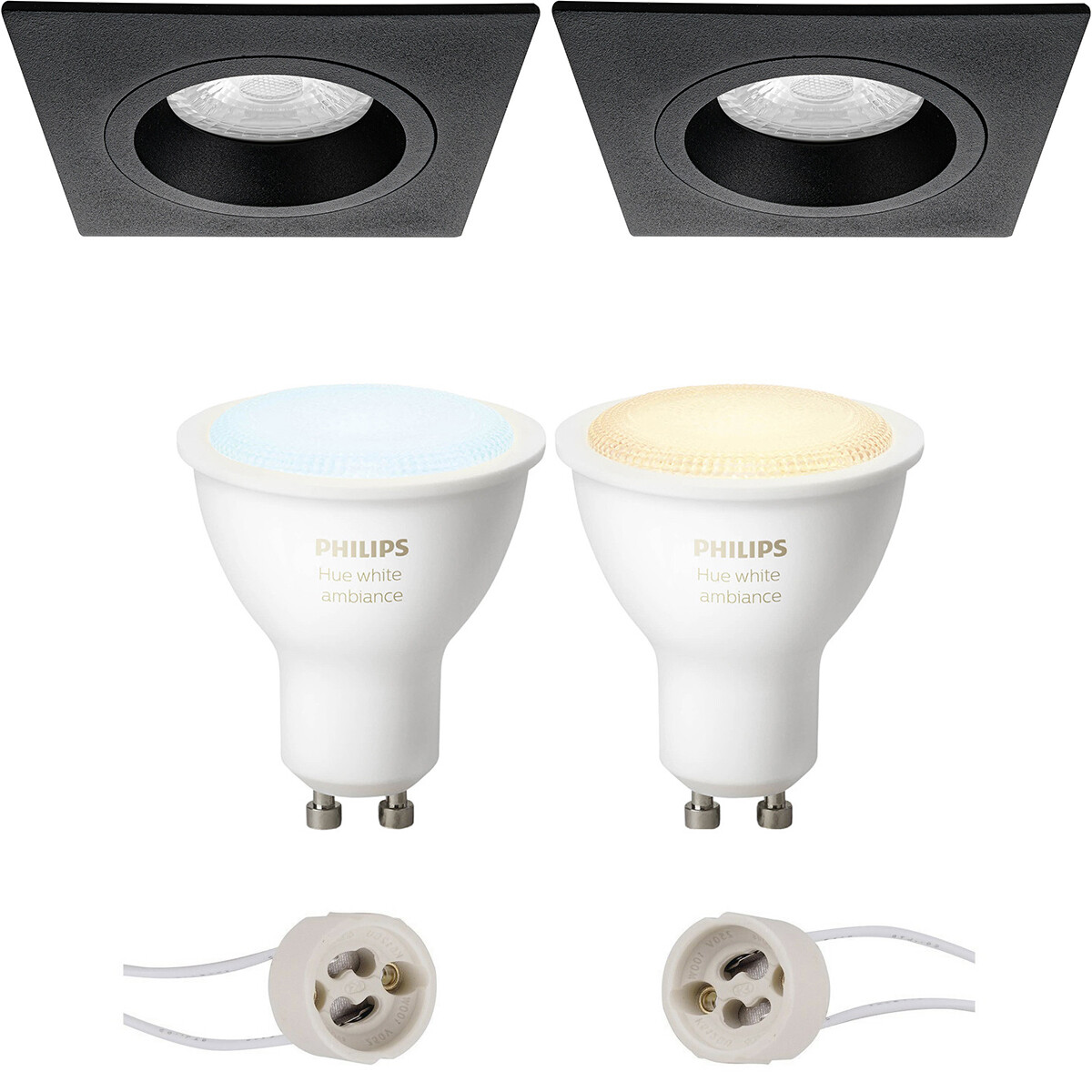 LED Spot Set GU10 - Pragmi Rodos Pro - Einbau Quadrat - Matt Schwarz - 93mm - Philips Hue - White Ambiance - Bluetooth