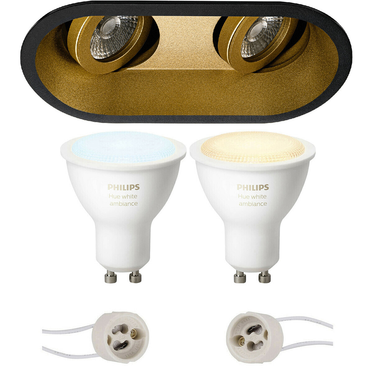 LED Spot Set GU10 - Pragmi Zano Pro - Einbau Oval Doppelt - Matt Schwarz/Gold - Schwenkbar - 185x93mm - Philips Hue - White Ambiance - Bluetooth