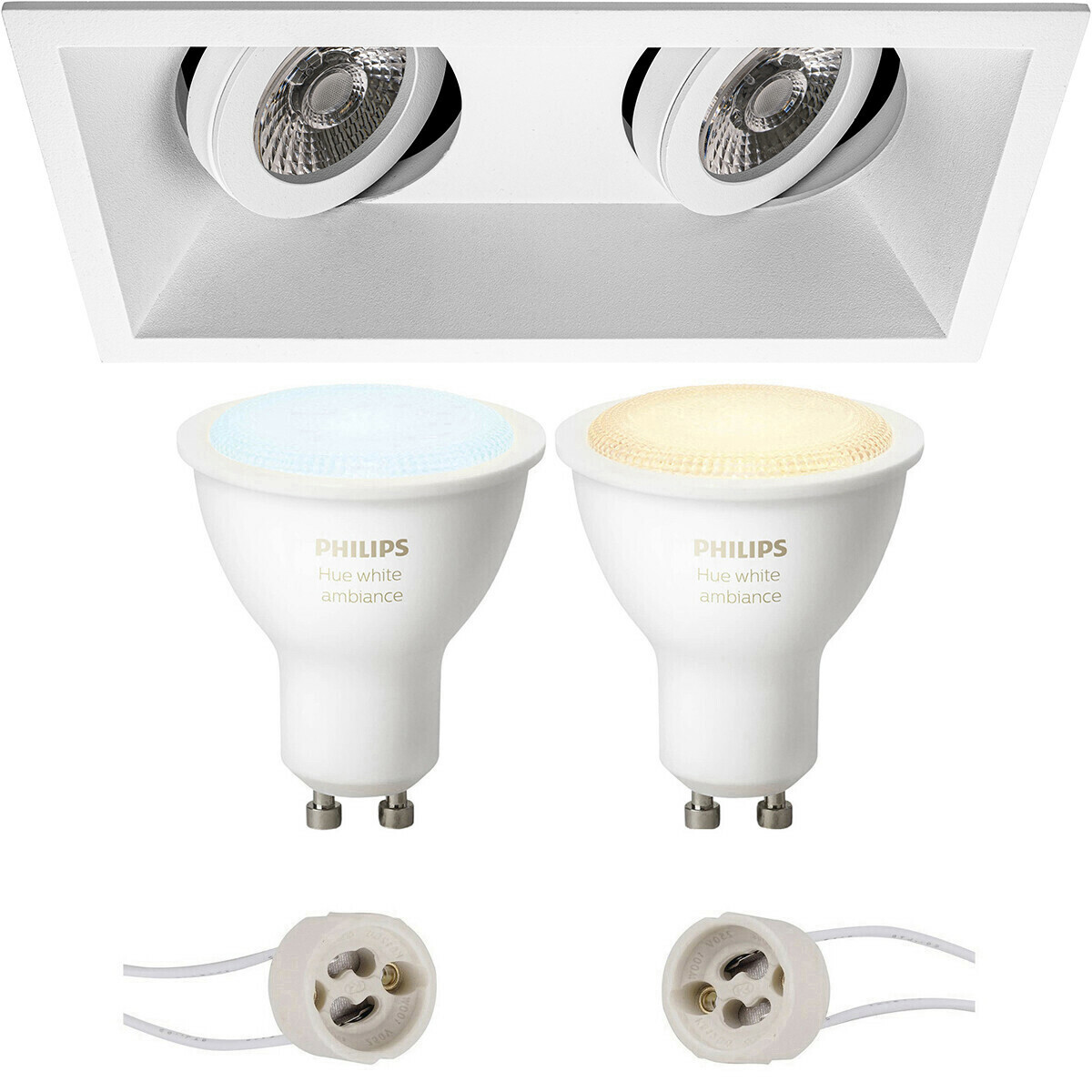 LED Spot Set GU10 - Pragmi Zano Pro - Einbau Rechteck Doppelt - Matt Weiß - Schwenkbar - 185x93mm - Philips Hue - White Ambiance - Bluetooth