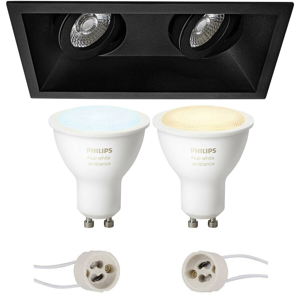 LED Spot Set GU10 - Pragmi Zano Pro - Einbau Rechteck Doppelt - Matt Schwarz - Schwenkbar - 185x93mm - Philips Hue - White Ambiance - Bluetooth