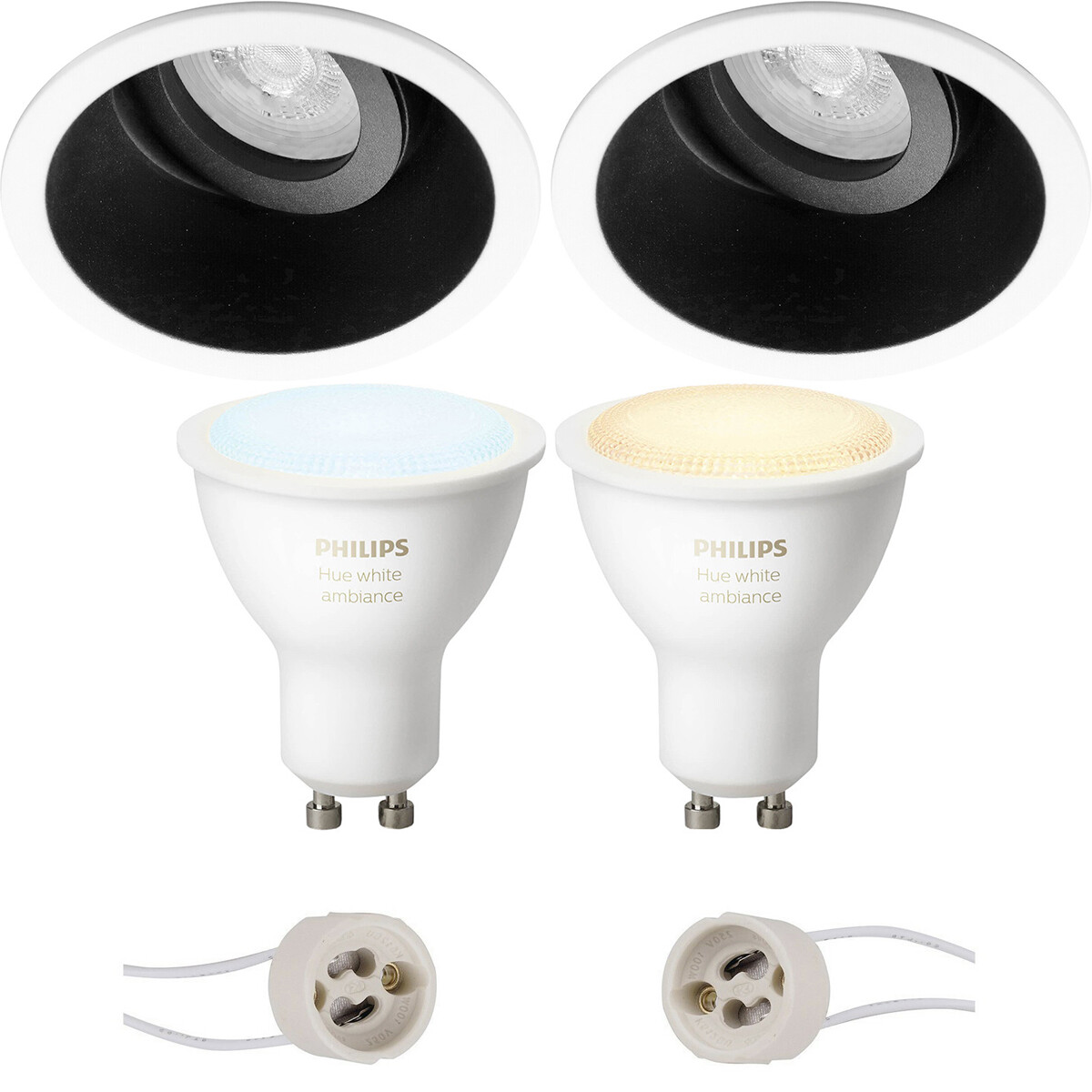 LED Spot Set GU10 - Pragmi Zano Pro - Einbau Rund - Matt Schwarz/Weiß - Schwenkbar - Ø93mm - Philips Hue - White Ambiance - Bluetooth