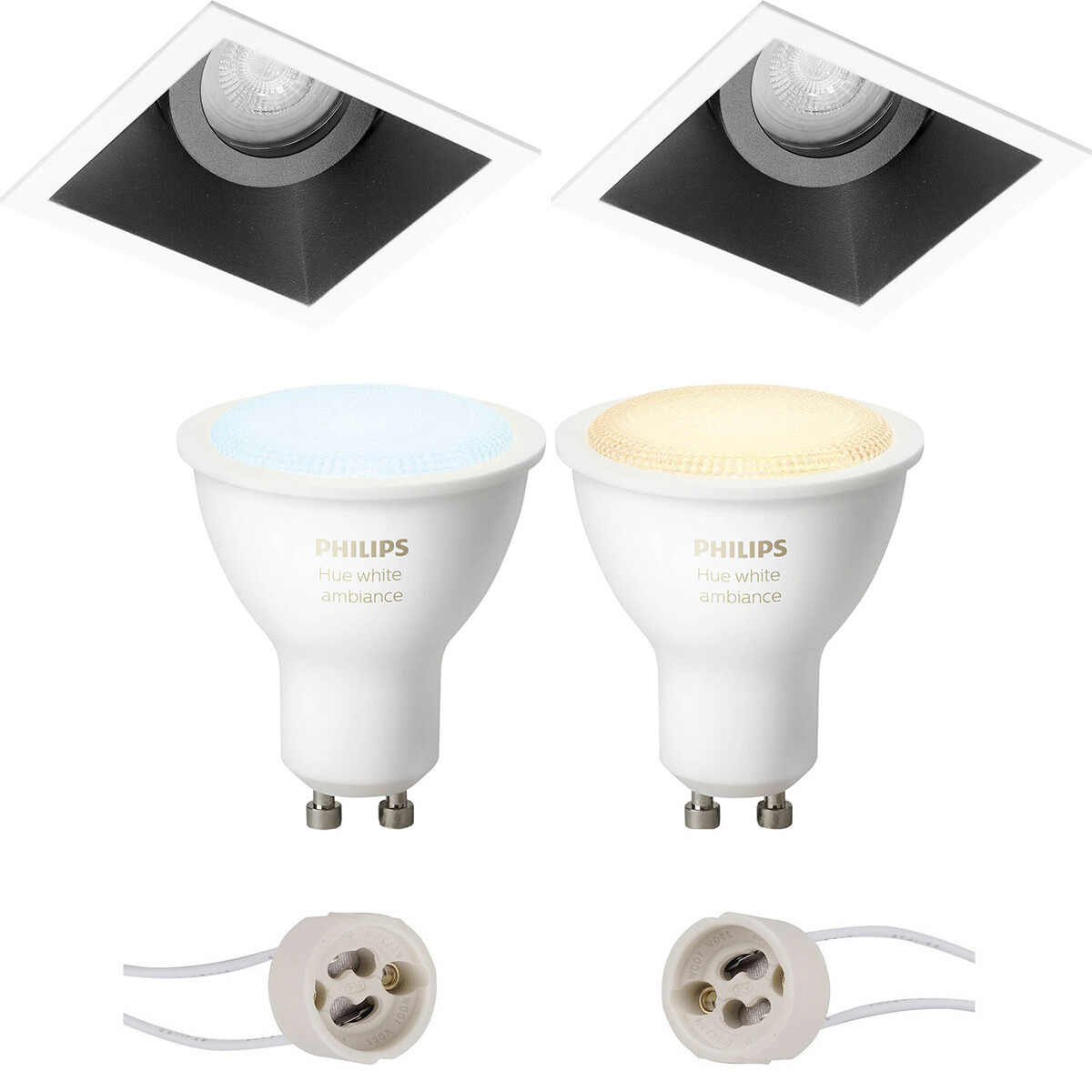 LED Spot Set GU10 - Pragmi Zano Pro - Einbau Quadrat - Matt Schwarz/Weiß - Schwenkbar - 93mm - Philips Hue - Weißambiente - Bluetooth