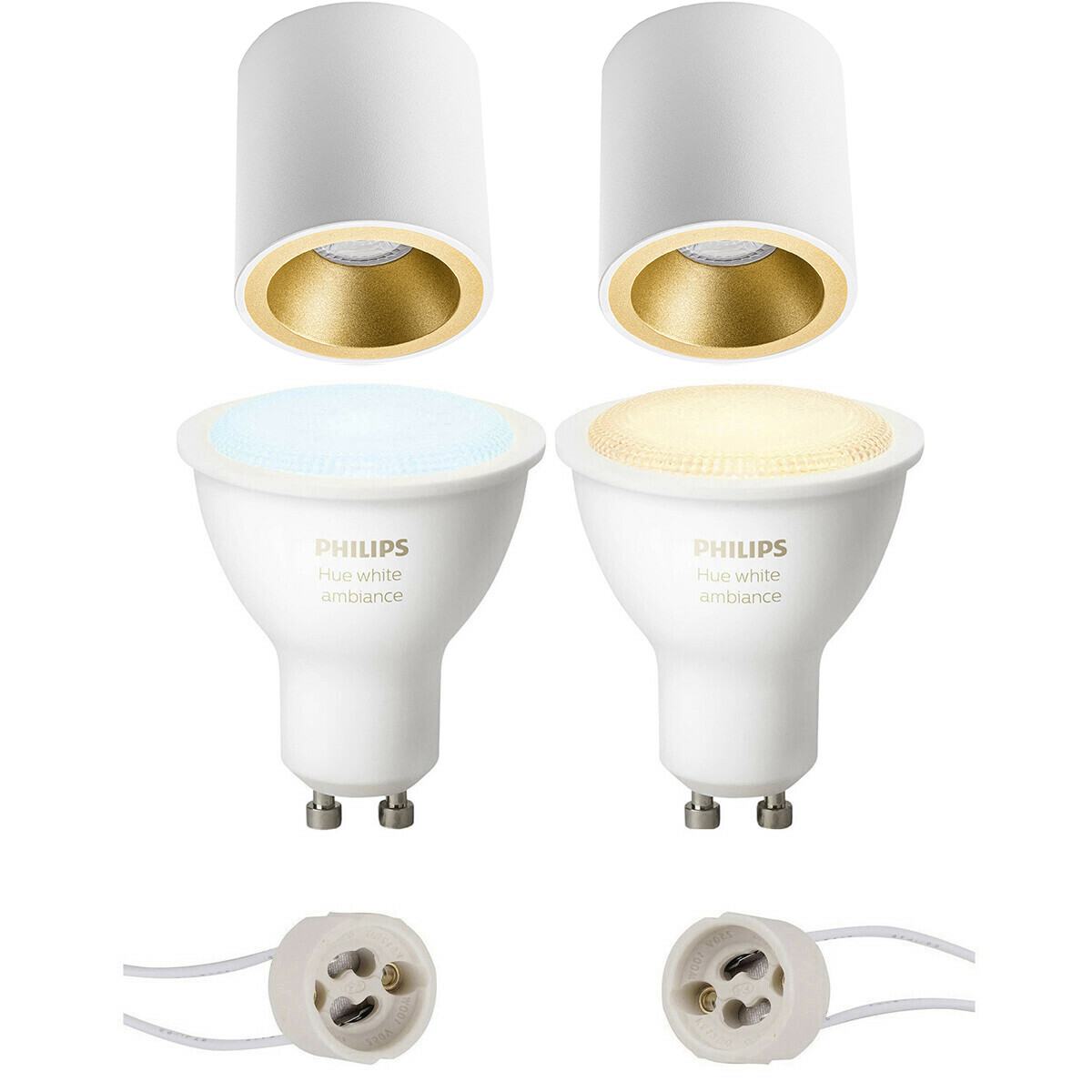 Aufbauspot Set GU10 - Pragmi Cliron Pro - Aufbau Rund - Matt Weiß/Gold - Vertieft - Ø90mm - Philips Hue - White Ambiance - Bluetooth