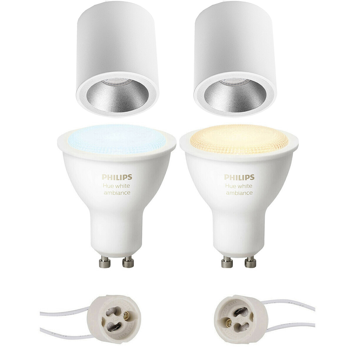 Aufbauspot Set GU10 - Pragmi Cliron Pro - Aufbau Rund - Matt Weiß/Silber - Vertieft - Ø90mm - Philips Hue - White Ambiance - Bluetooth