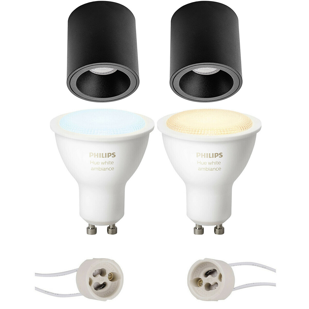 Aufbauspot Set GU10 - Pragmi Cliron Pro - Aufbau Rund - Matt Schwarz - Vertieft - Ø90mm - Philips Hue - White Ambiance - Bluetooth