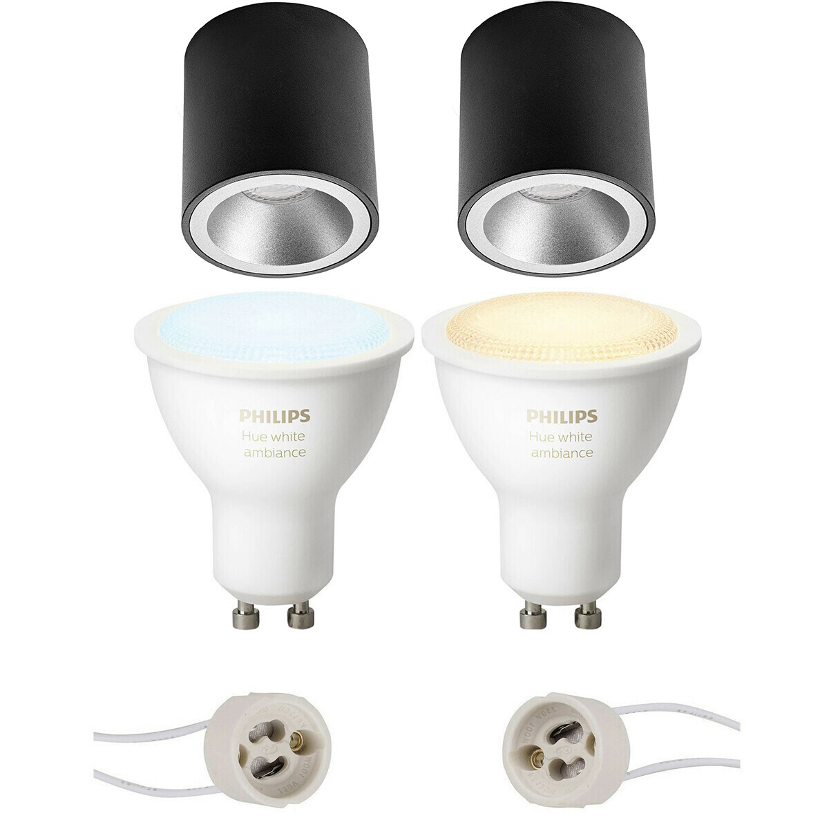 Aufbauspot Set GU10 - Pragmi Cliron Pro - Aufbau Rund - Matt Schwarz/Silber - Vertieft - Ø90mm - Philips Hue - White Ambiance - Bluetooth