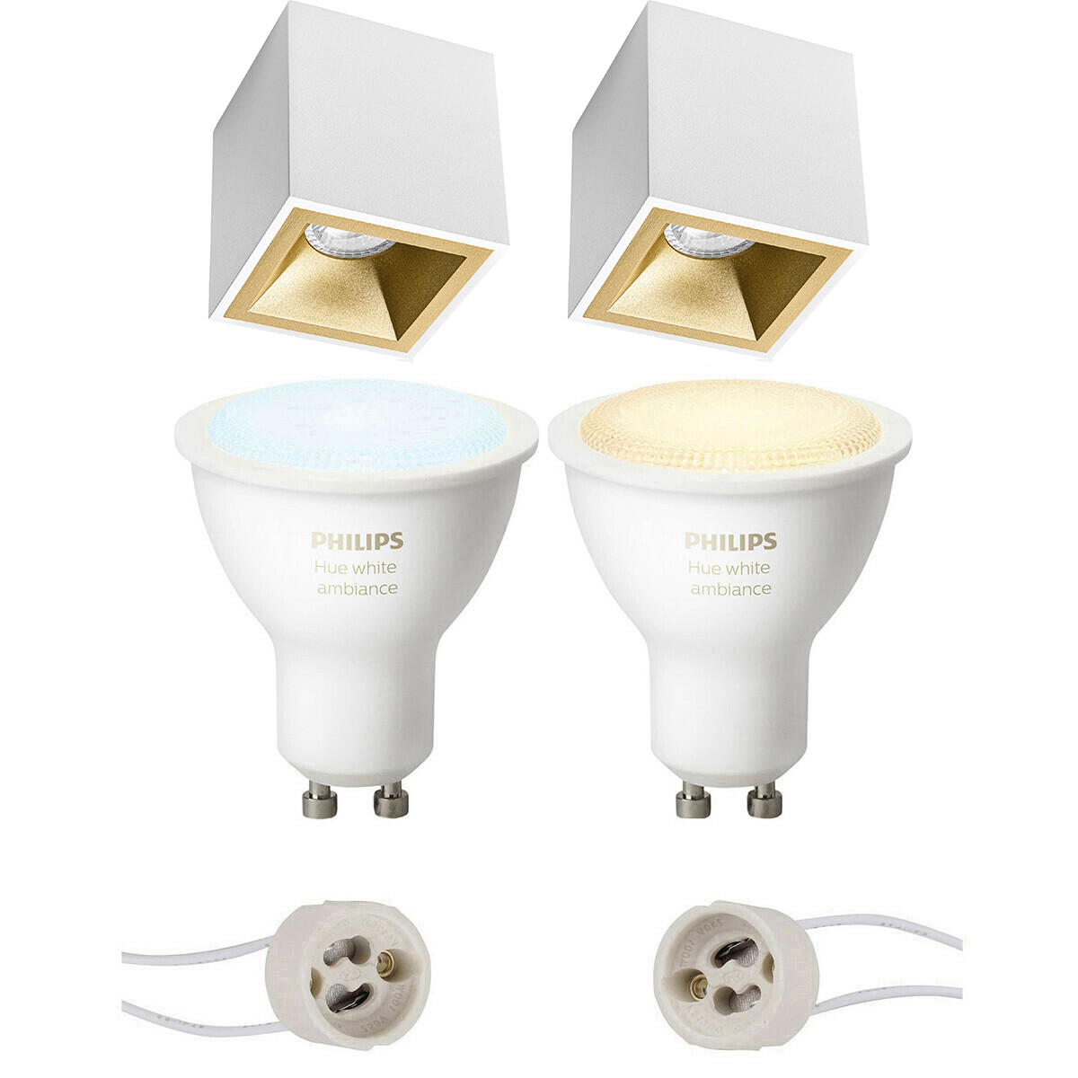 Aufbauspot Set GU10 - Pragmi Cliron Pro - Aufbau Quadrat - Matt Weiß/Gold - Vertieft - 90mm - Philips Hue - White Ambiance - Bluetooth