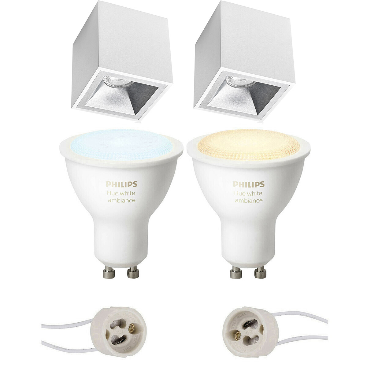 Aufbauspot Set GU10 - Pragmi Cliron Pro - Aufbau Quadrat - Matt Weiß/Silber - Vertieft - 90mm - Philips Hue - White Ambiance - Bluetooth