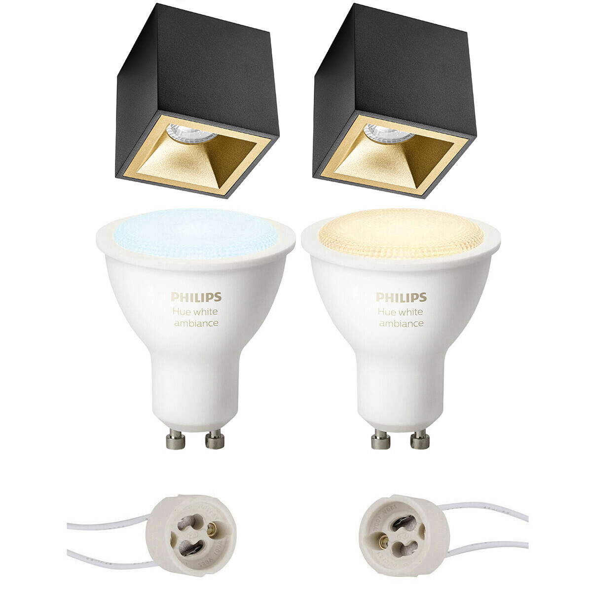 Aufbauspot Set GU10 - Pragmi Cliron Pro - Aufbau Quadrat - Matt Schwarz/Gold - Vertieft - 90mm - Philips Hue - White Ambiance - Bluetooth