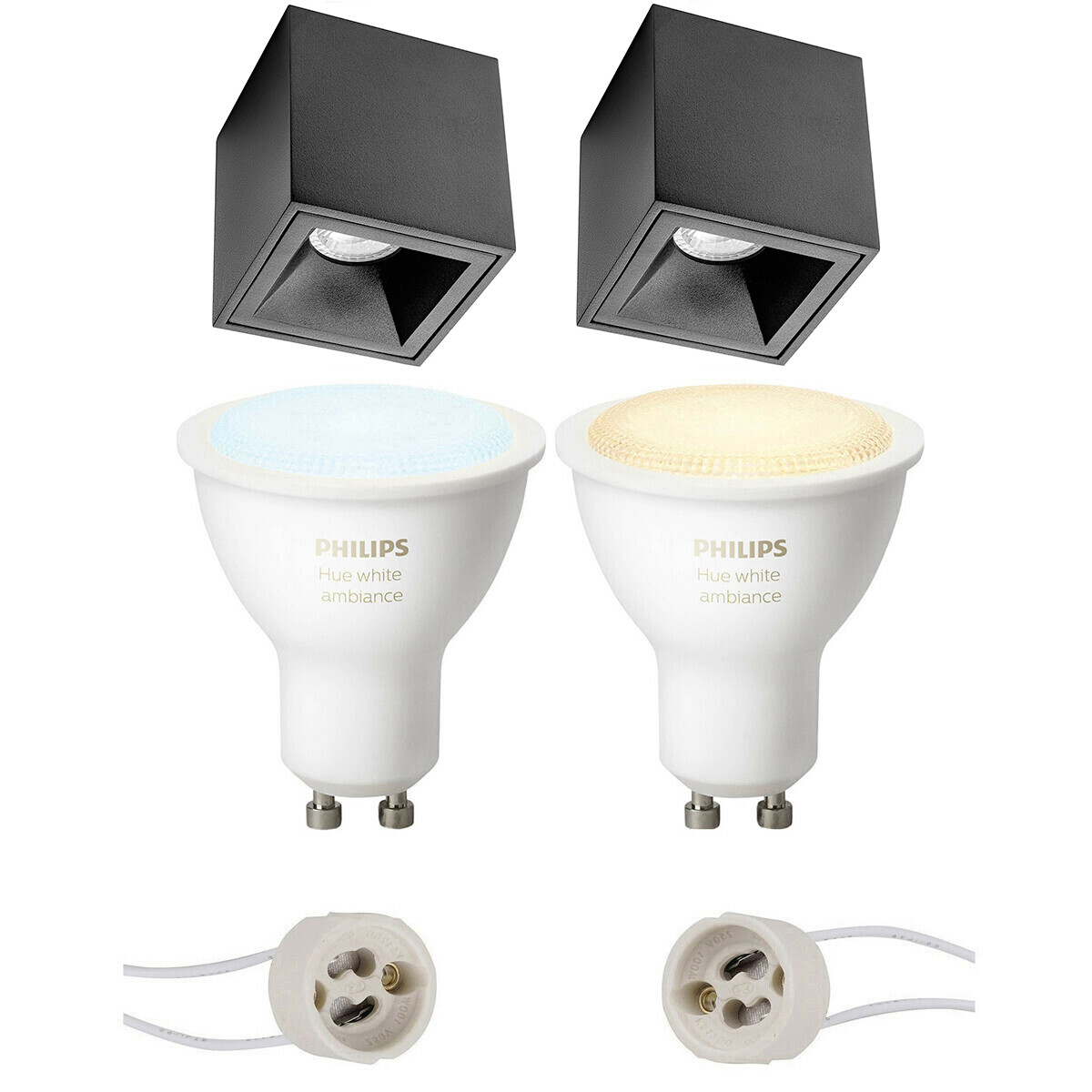 Aufbauspot Set GU10 - Pragmi Cliron Pro - Aufbau Quadrat - Matt Schwarz - Vertieft - 90mm - Philips Hue - White Ambiance - Bluetooth