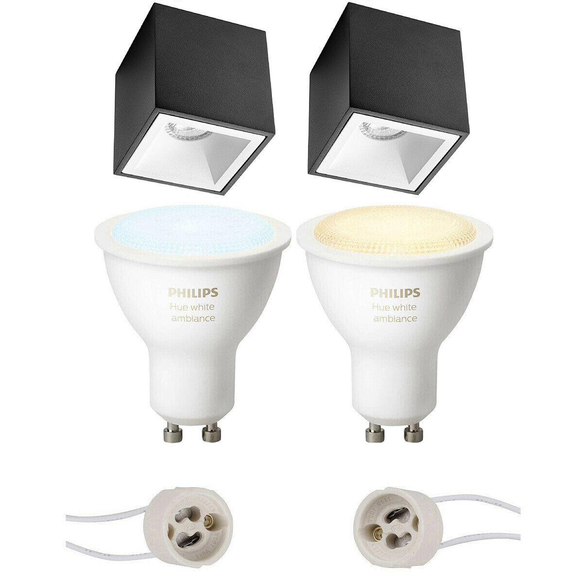 Aufbauspot Set GU10 - Pragmi Cliron Pro - Aufbau Quadrat - Matt Schwarz/Weiß - Vertieft - 90mm - Philips Hue - White Ambiance - Bluetooth