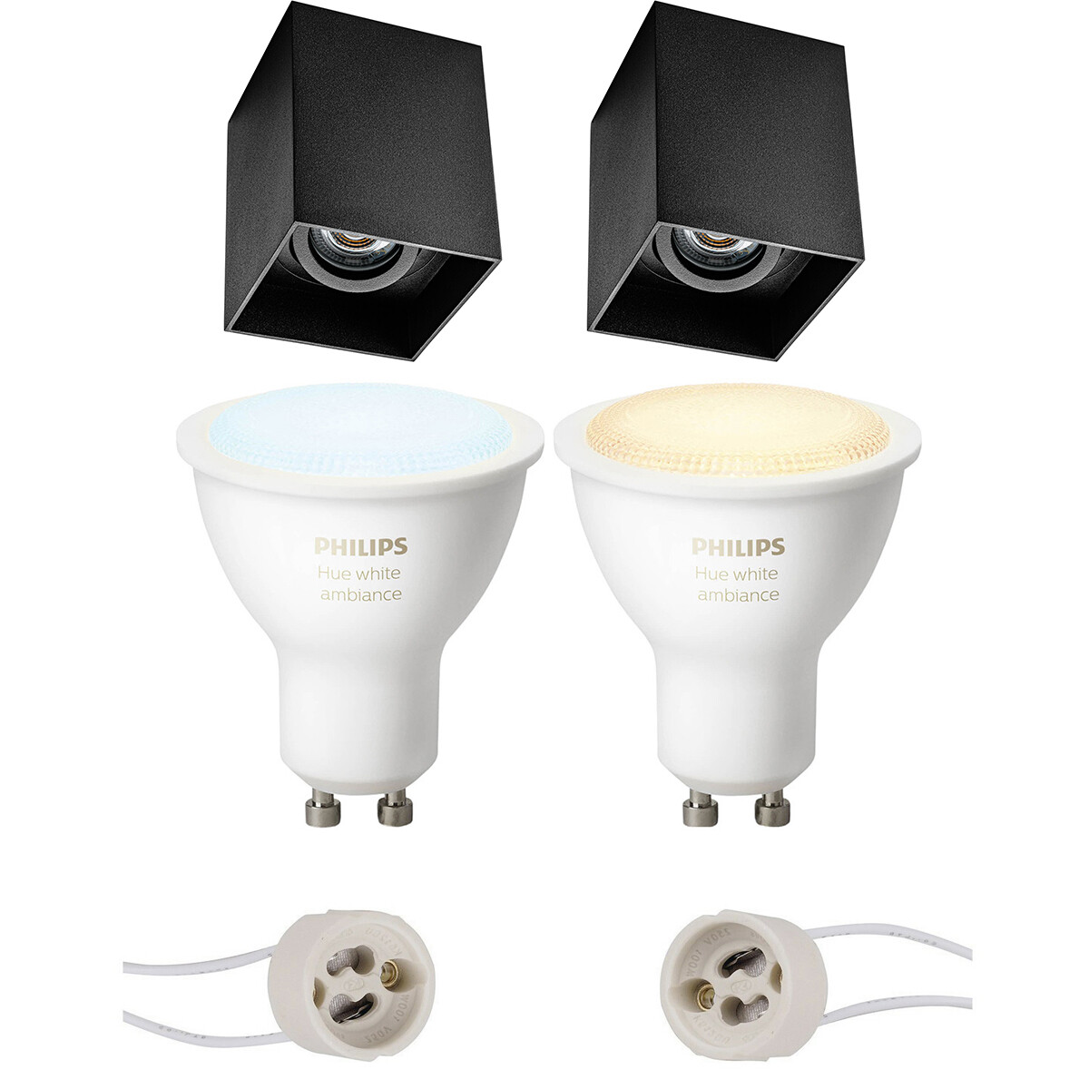 Aufbauspot Set GU10 - Pragmi Luxina Pro - Aufbau Quadrat - Matt Schwarz - Vertieft - Schwenkbar - 90mm - Philips Hue - White Ambiance - Bluetooth