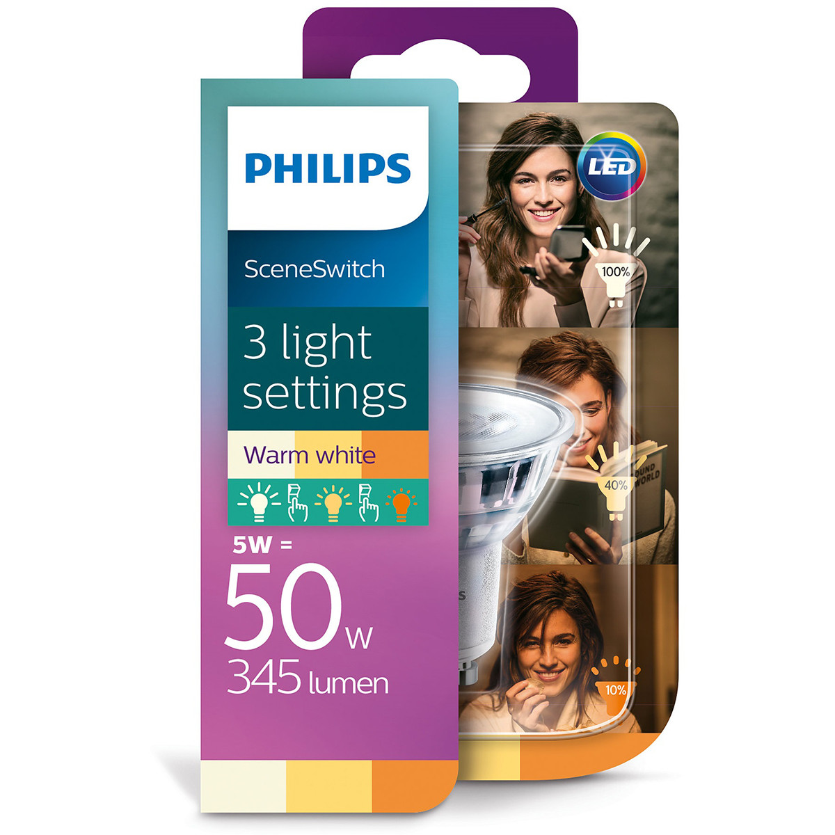 PHILIPS - LED Spot - SceneSwitch 827 36D - GU10 Sockel - Dimmbar - 1.5W-5W - Warmweiß 2200K-2700K | Ersetzt 5W-50W