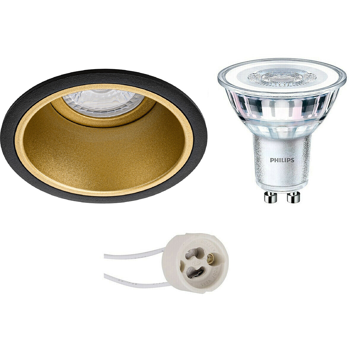 LED Spot Set - Pragmi Minko Pro - GU10 Fassung - Einbau Rund - Matt Schwarz/Gold - Vertieft - Ø90mm - Philips - CorePro 827 36D - 3.5W - Warmweiß 2700K