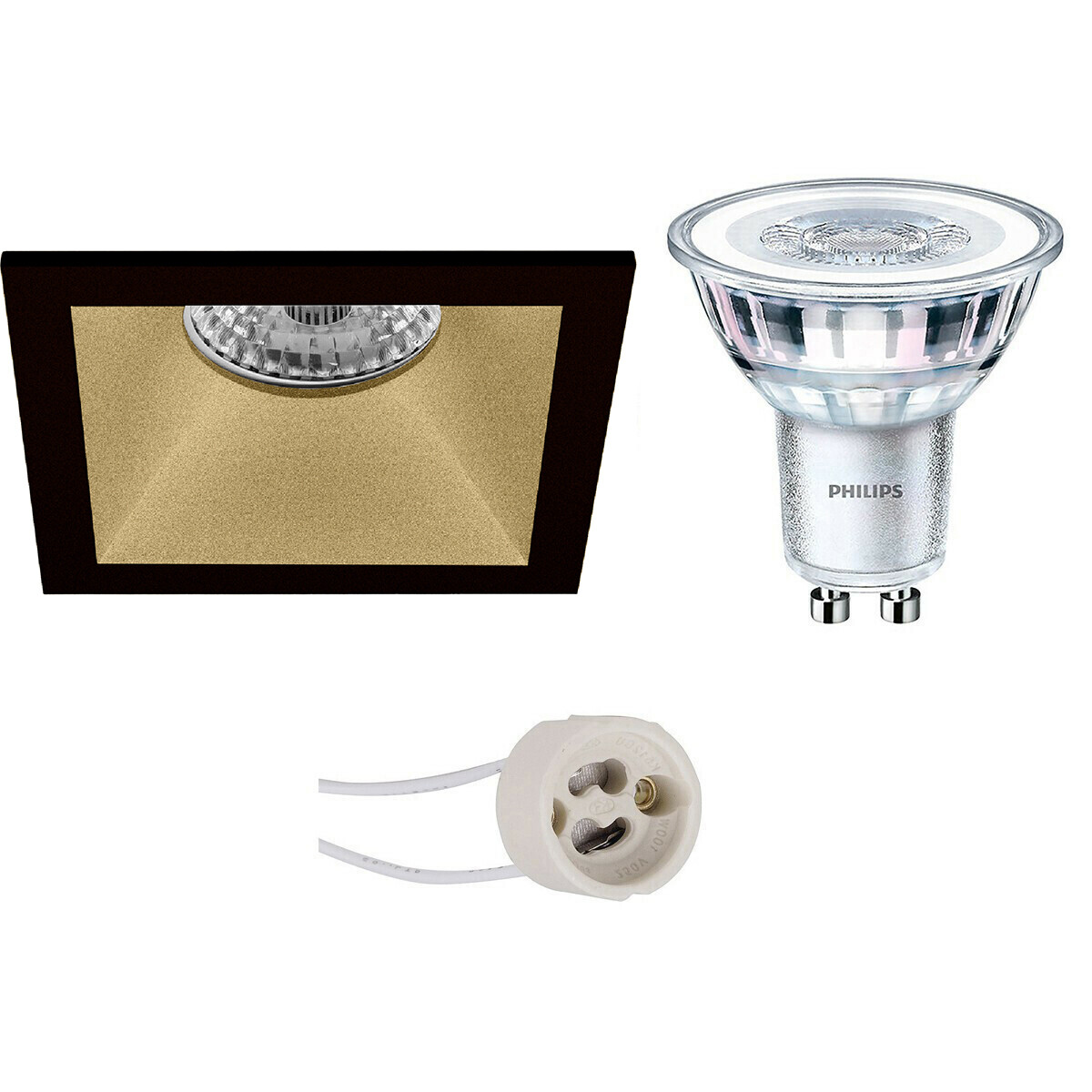 LED Spot Set - Pragmi Pollon Pro - GU10 Fassung - Quadrate Einbauform - Mattes Schwarz/Gold - Vertieft - 82mm - Philips - CorePro 827 36D - 4.6W - Warmweiß 2700K