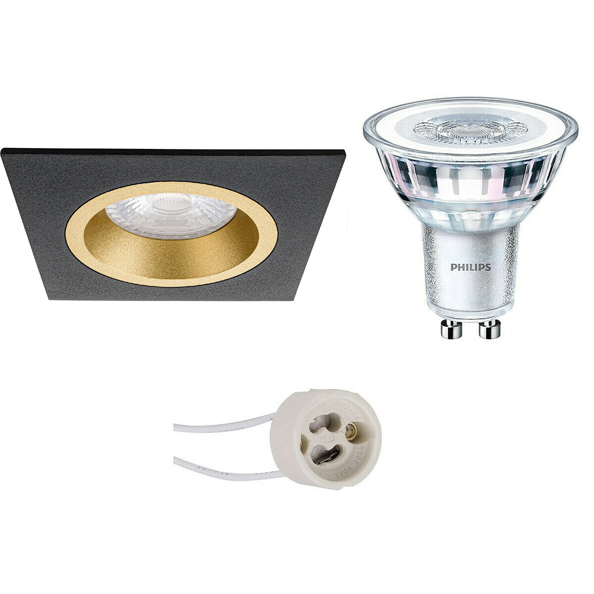 LED Spot Set - Pragmi Rodos Pro - GU10 Fassung - Einbau Quadrat - Mattschwarz/Gold - 93mm - Philips - CorePro 827 36D - 3.5W - Warmweiß 2700K