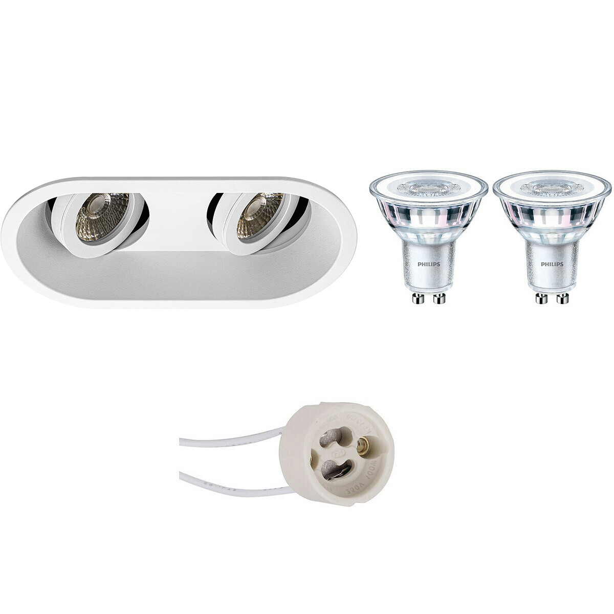 LED Spot Set - Pragmi Zano Pro - GU10 Fassung - Einbau Oval Doppelt - Matt Weiß - Schwenkbar - 185x93mm - Philips - CorePro 827 36D - 3.5W - Warmweiß 2700K