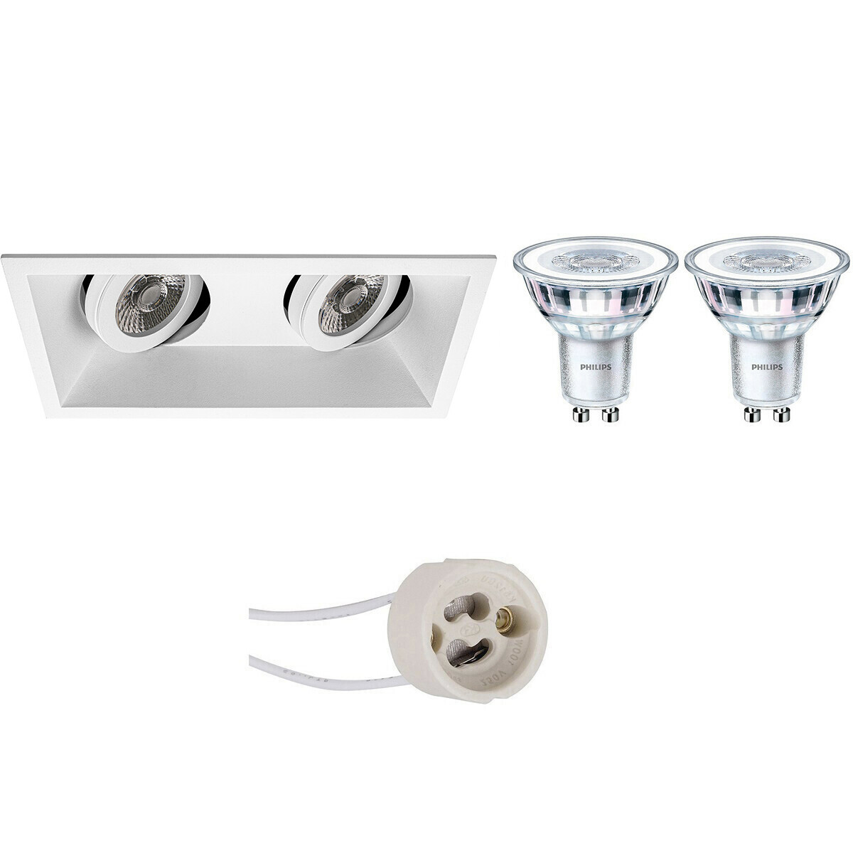 LED Spot Set - Pragmi Zano Pro - GU10 Fassung - Einbau Rechteck Doppel - Mattweiß - Schwenkbar - 185x93mm - Philips - CorePro 827 36D - 3.5W - Warmweiß 2700K